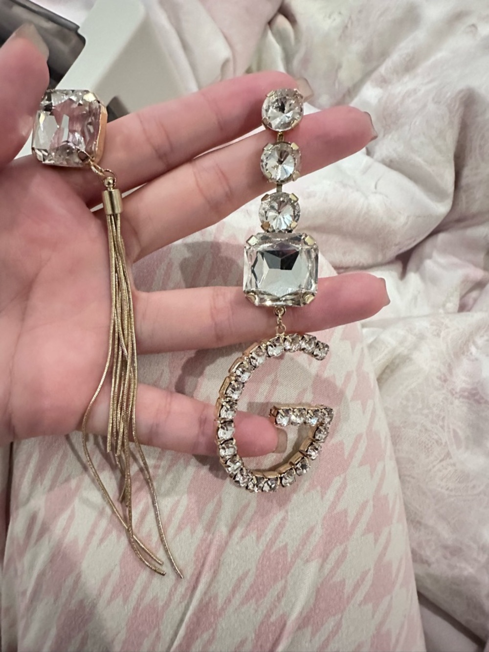 Clear Crystal Gold-Tone G Initial Drop Earrings with Tassel